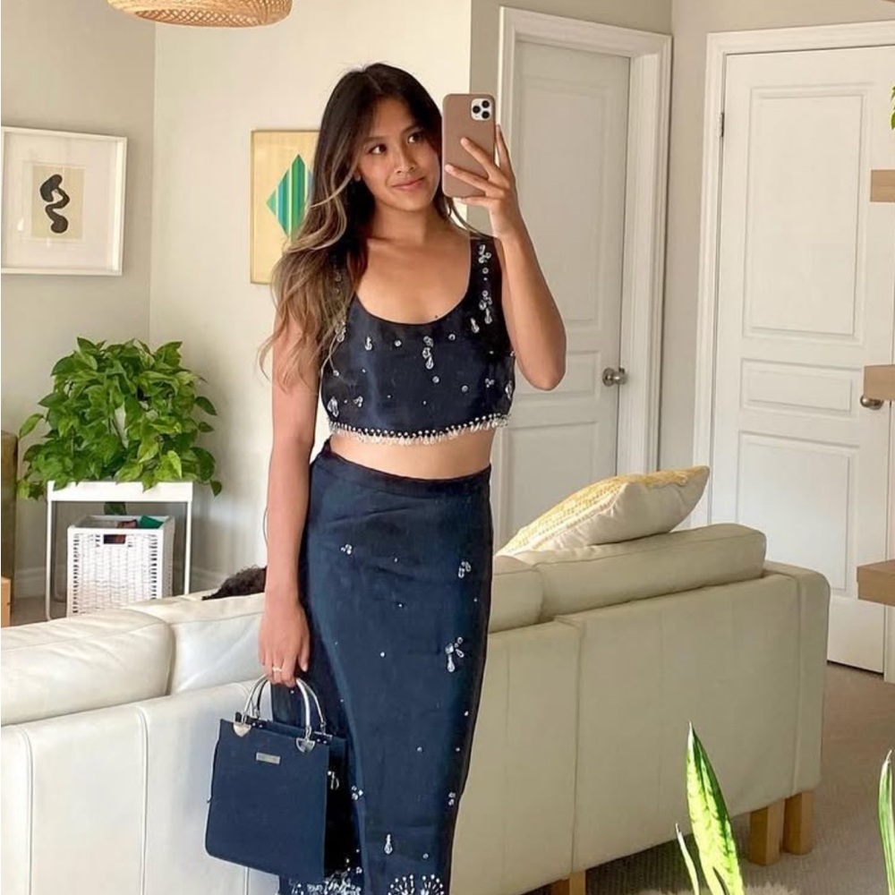 Embellished Black Crop Top and Skirt Set